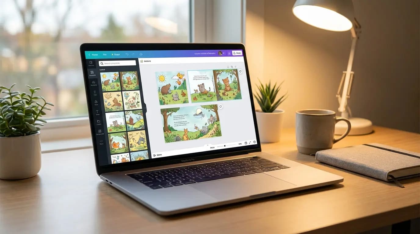 Creative suite showing AI-generated storybook illustrations